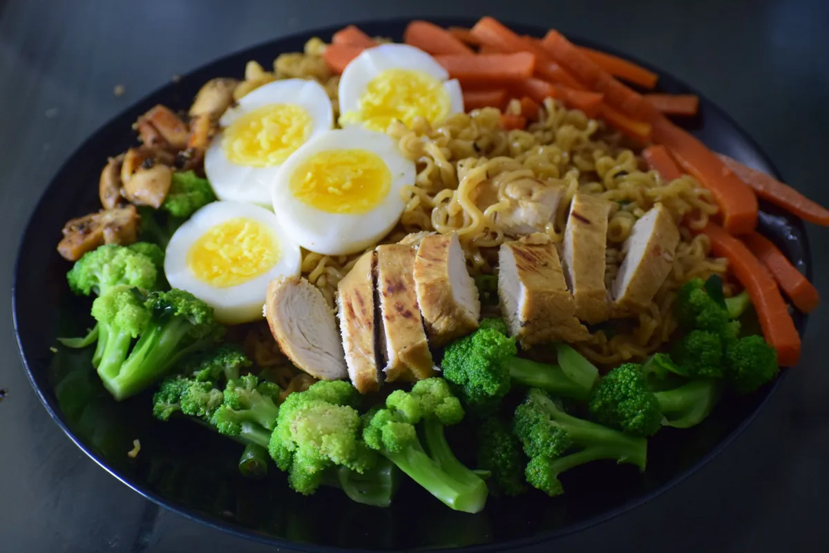 A plate of grilled chicken, eggs and salad vegetables